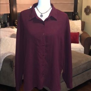 Cranberry colored long sleeve button down blouse
